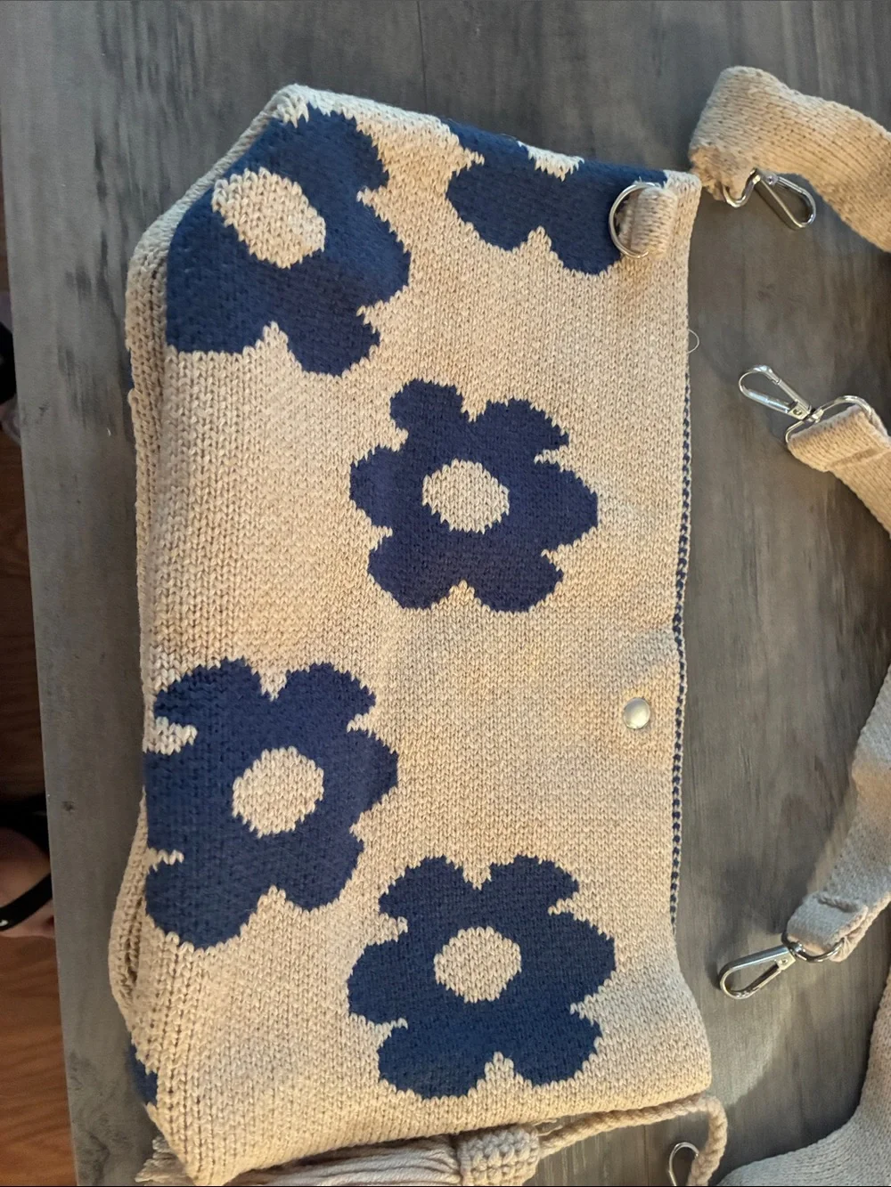 Beige Floral Canvas Bucket Bag with Blue Crochet Charm - Picture 2 of 4